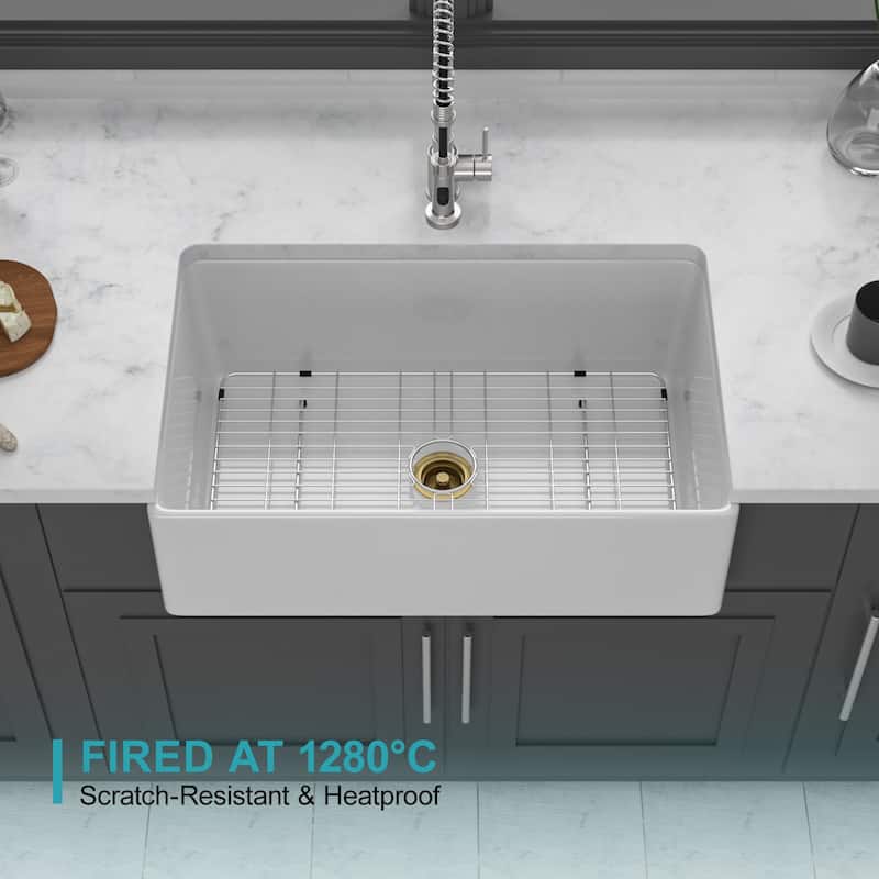 33" White Farmhouse Sink - Kitchen Sink Apron Front Porcelain Ceramic Single Bowl Farmer Sink Basin