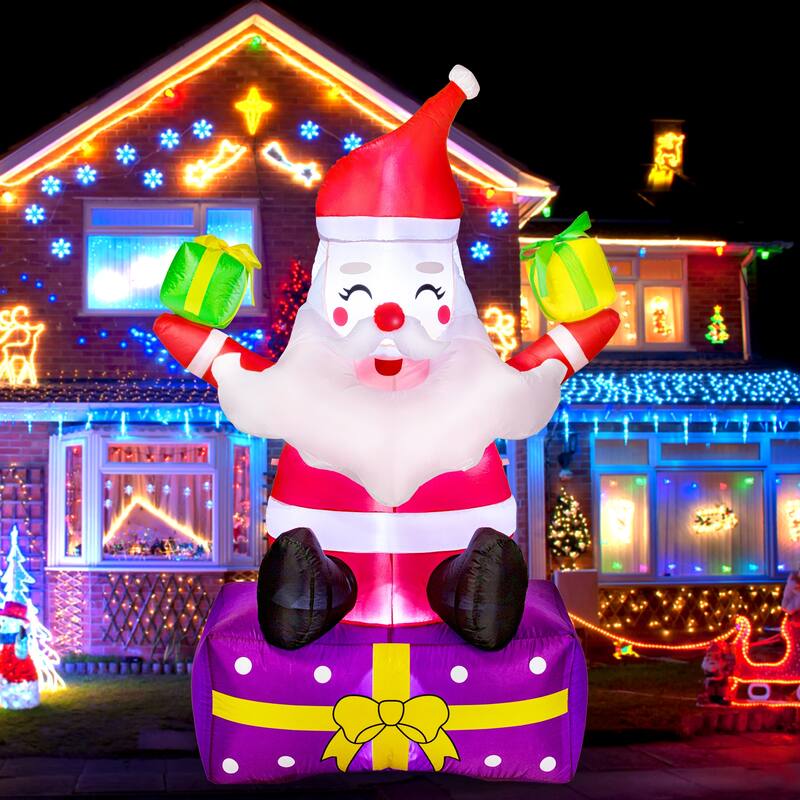 Inflatable Santa Claus with Gift Boxes,Christmas Outdoor Decorations, Blow Up Yard Decor with Built,in LED Lights, Tethers