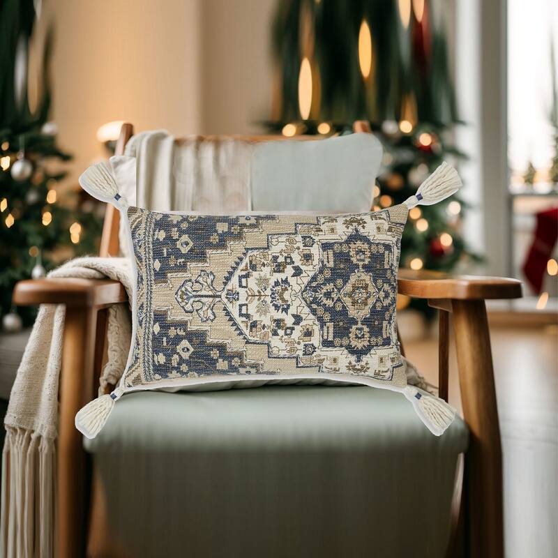 Zony 14 x 22 Lumbar Accent Pillow Set of 4, Boho Tassels, Medallion, Ivory