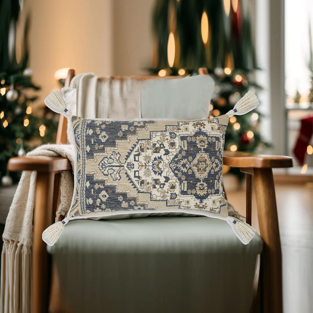 Zony 14 x 22 Lumbar Accent Pillow Set of 4, Boho Tassels, Medallion, Ivory