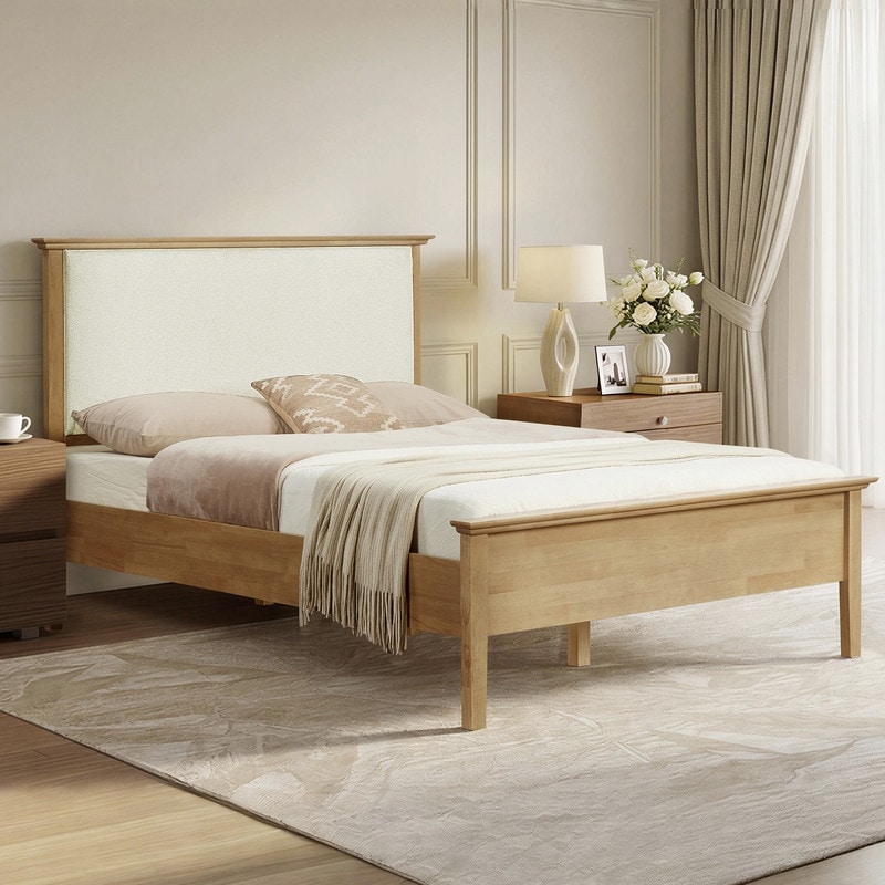 Spruce & Spring Farmhouse Platform Bed Frame with Natural Boucle Upholstery