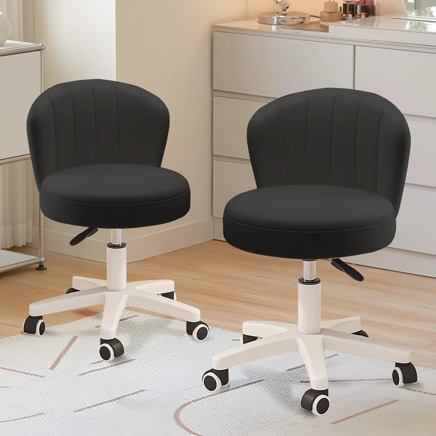 Compact Round Rolling Desk Chair with Adjustable Height, 360 Swivel & PU Leather, Set of 2
