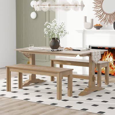 Transitional Style Wooden 3-piece Dining Set with Rectangular Trestle Table and 2 Wooden Benches