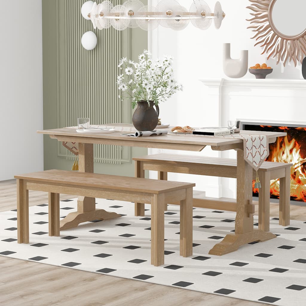 Transitional Style Wooden 3-piece Dining Set with Rectangular Trestle Table and 2 Wooden Benches