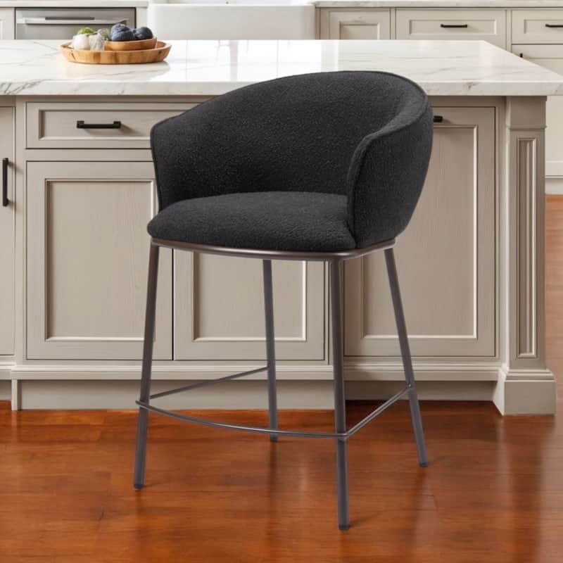 26-Inch Shearling Black Upholstered Seat Bar Chair with Arms and Footrest Bronze Metal Legs - 37”H x 24.4”W x 24”D