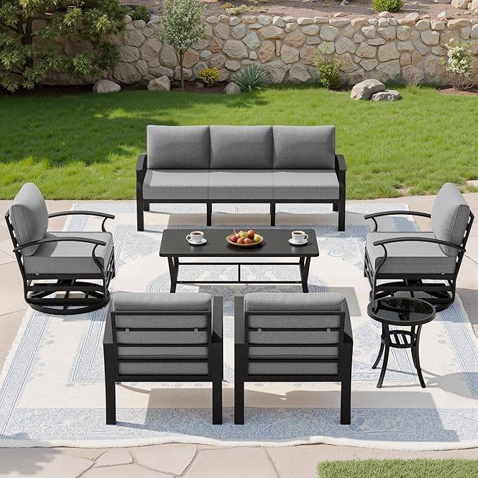 Kullavik Aluminum Outdoor Patio Sectional Sofa Set with Swivel Rocking Chairs and Coffee Table