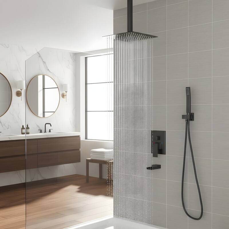 Ceiling Mount Shower with Waterfall Tub Spout and Hand Shower