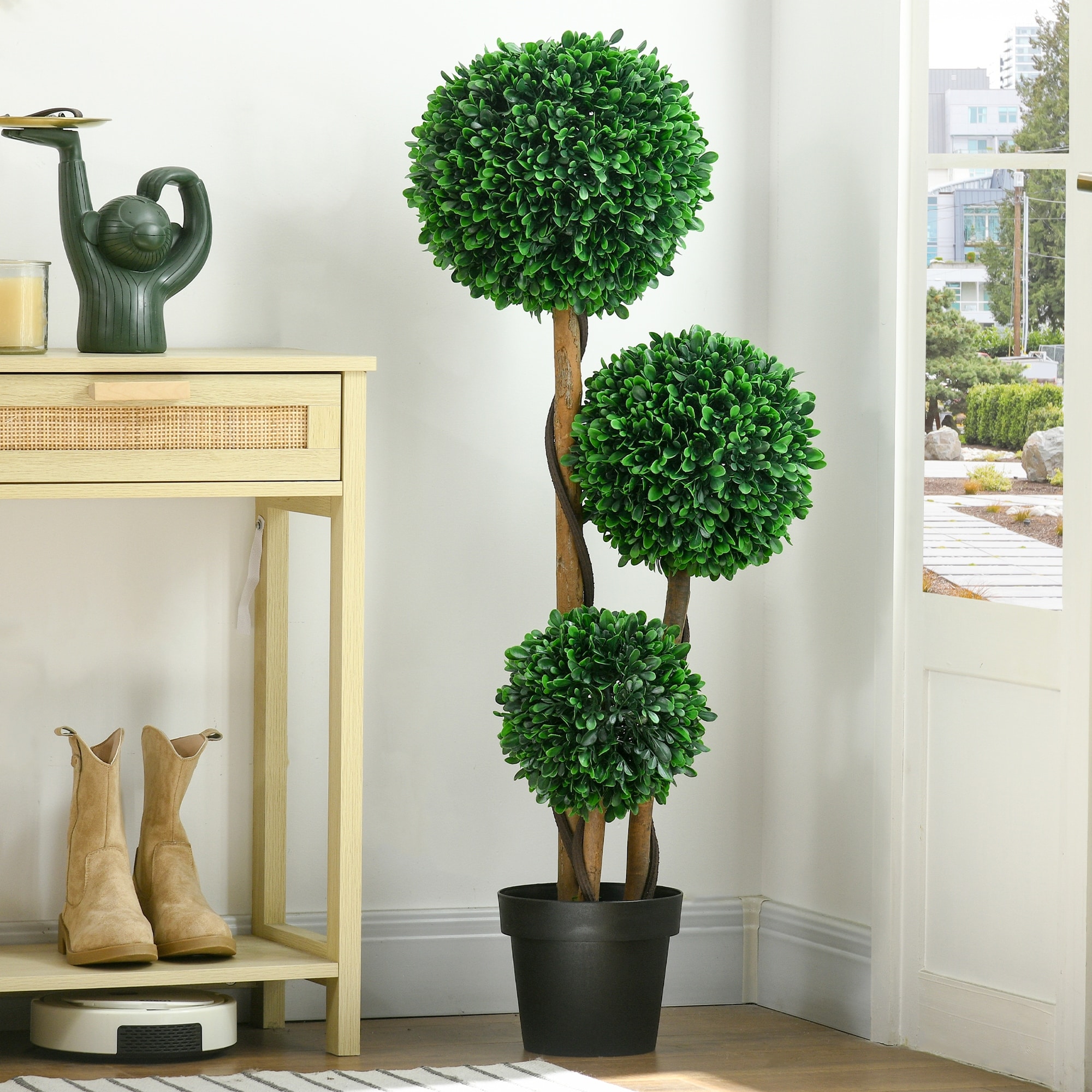 HOMCOM 3.5ft/43.25" Artificial 3 Ball Boxwood Topiary Tree with Pot, Indoor Outdoor Fake Plant for Home Office
