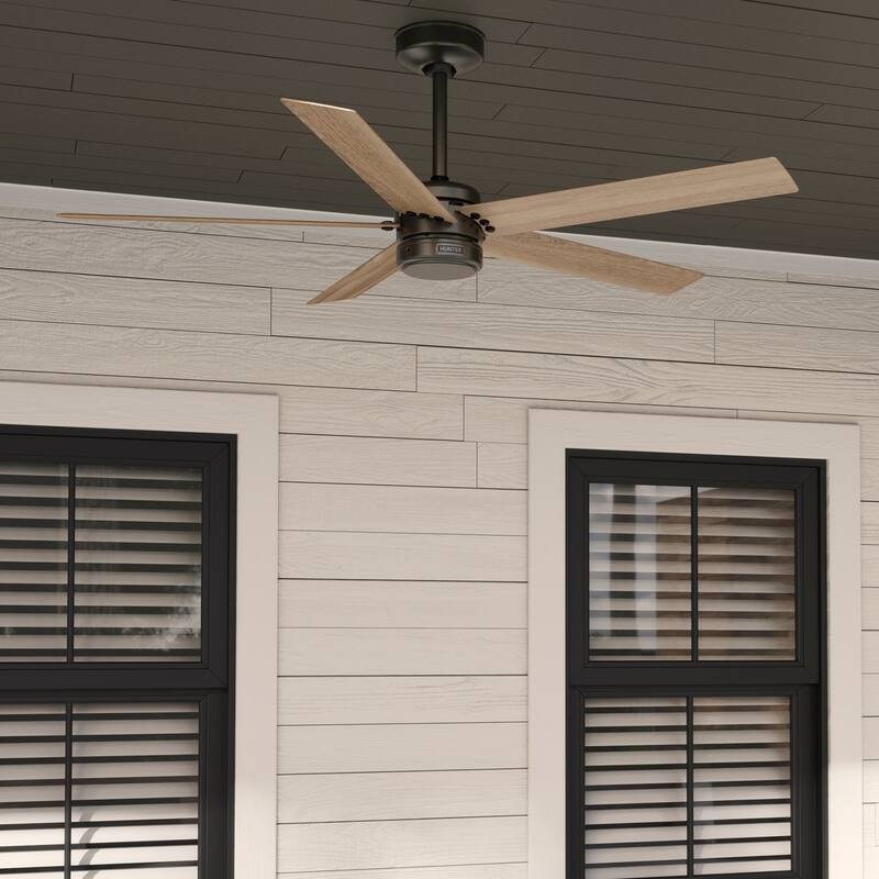 Hunter 52" Burton Outdoor Ceiling Fan and Wall Control - Farmhouse, Industrial, Transitional - Damp Rated - Exclusive SureSpeed! - Noble Bronze