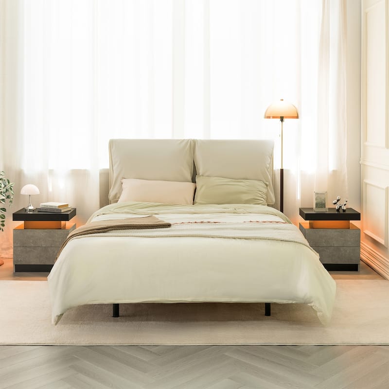 GDF Studio - Avalon Modern LED Nightstand with Dual Drawers and Open Storage Shelf