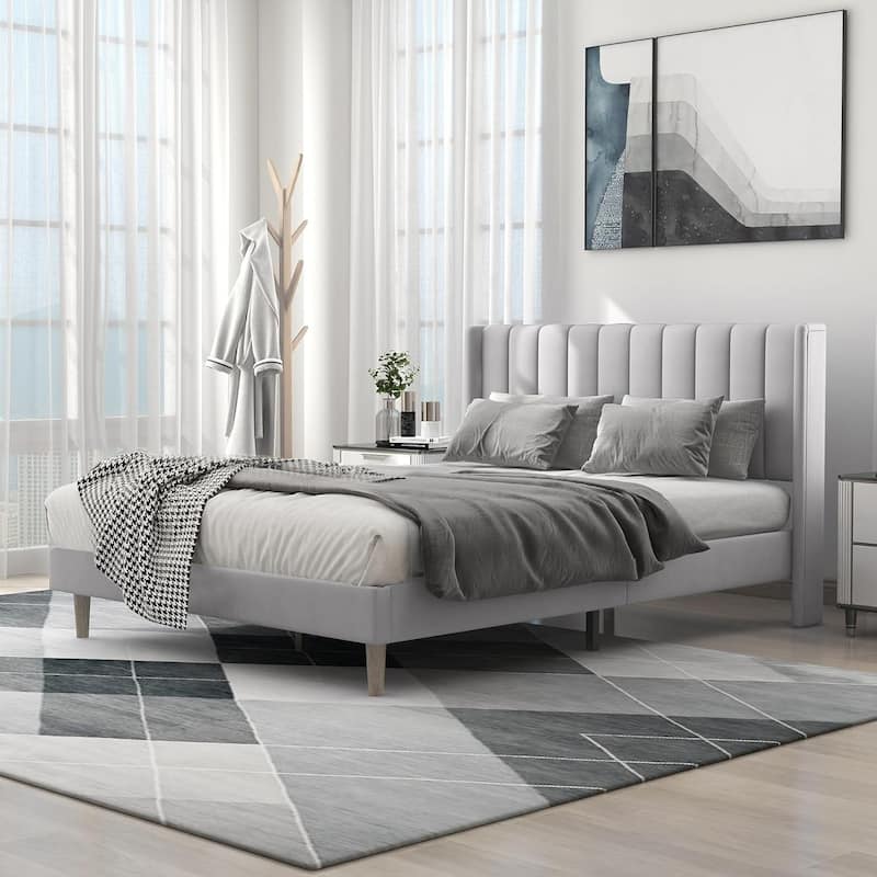 Alazyhome Upholstered Platform Bed Frame - Light Grey Linen - Queen