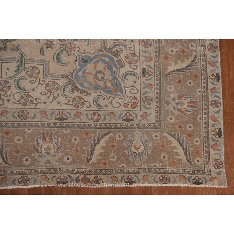 Hand Knotted Oriental 100% Wool Carpet Traditional Medallion Beige & Ivories Tabriz Area Rug - 12' 7'' X 9' 10''