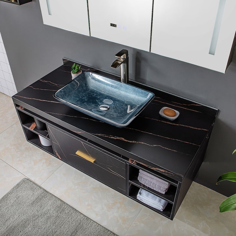 Vinnova Glass Rectangular Vessel Bathroom Sink without Faucet
