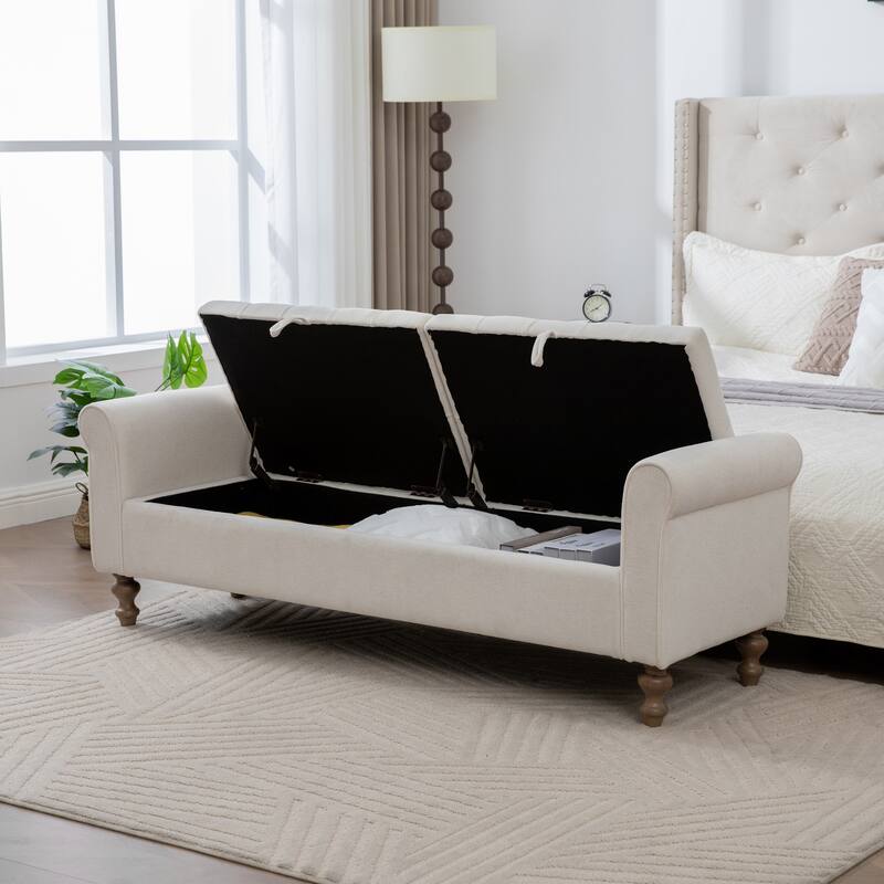 65.7"W Tufted Upholstered Storage Bench With Double Lids,Rubberwood Legs