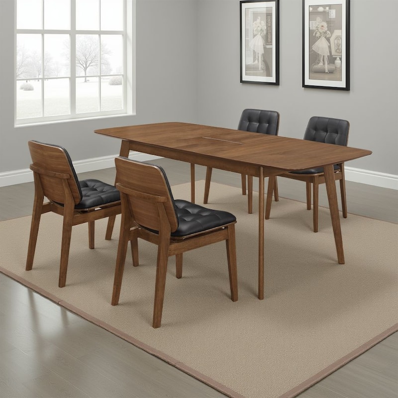Bera 5pc Dining Set w Chairs, 59-75 Inch Extendable, Walnut Brown, Black Faux Leather