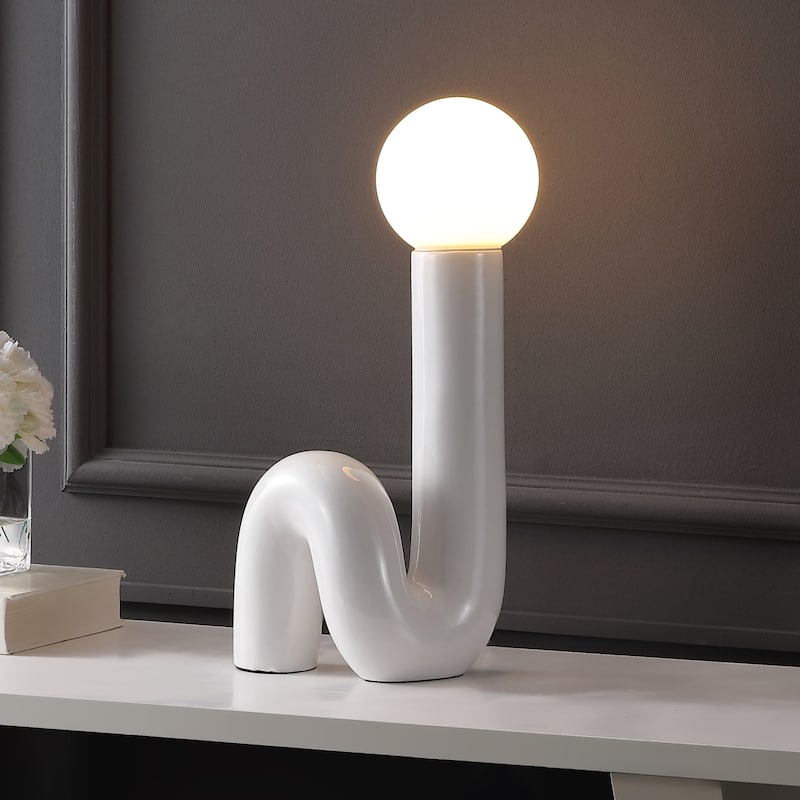 Katya 18" Scandinavian Minimalist Ceramic Spiral Tube LED Table Lamp, by JONATHAN Y - White