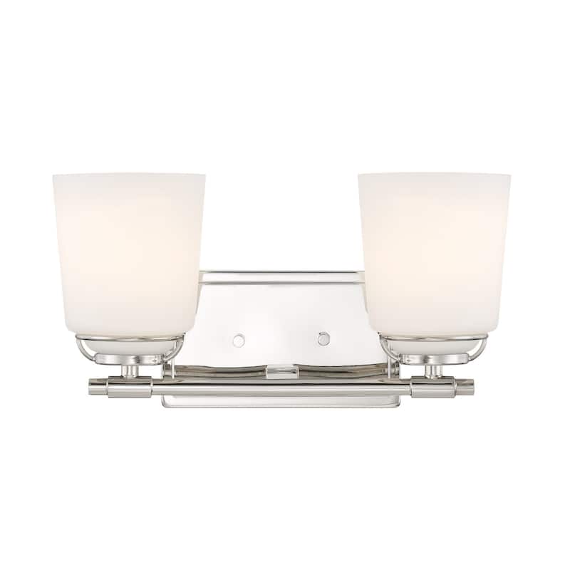 Stella 14.25 in. 2-Light Polished Nickel Modern Vanity Light with Etched Opal Glass Shades