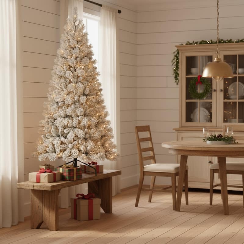 HomeRoots 4' White Pre Lit Slender Flocked Pine Christmas Tree - 29.00 in. x 48.00 in. x 29.00 in. - White - 4 Foot