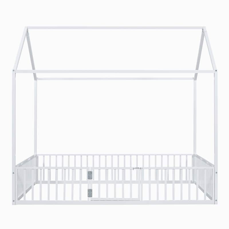 Full Size House Design Platform Bed, Metal Floor Bed Frame with Fence, Door and Roof, No Box Spring Needed for Bedroom