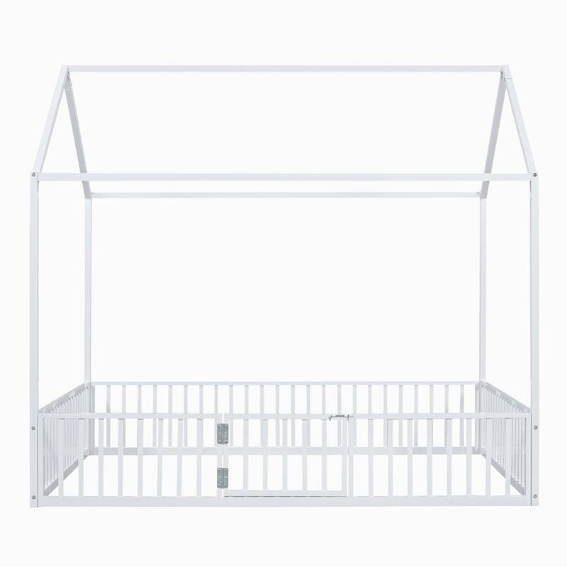 White Full Size Metal House Bed with Fence, Roof & Door
