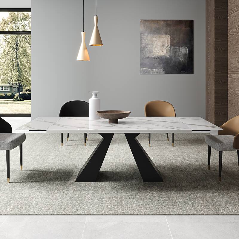 63'' to 94.5” Extendable Dining Table For 8-10 with Sintered Stone Tabletop and Metal Base - 94.48"
