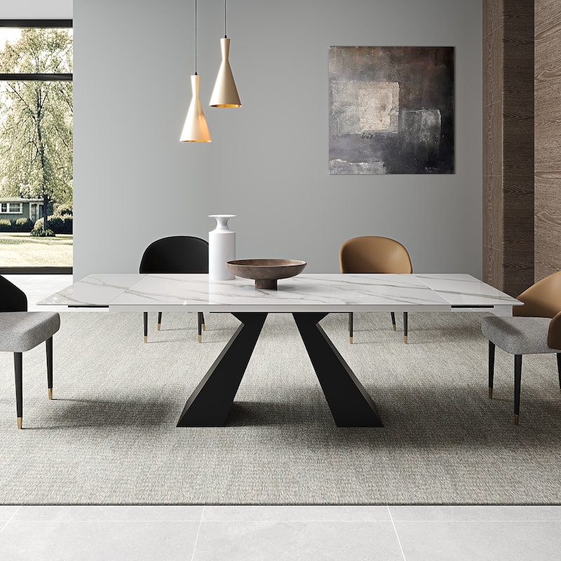 63'' to 94.5” Extendable Dining Table For 8-10 with Sintered Stone Table top and Metal Base - 94.48"