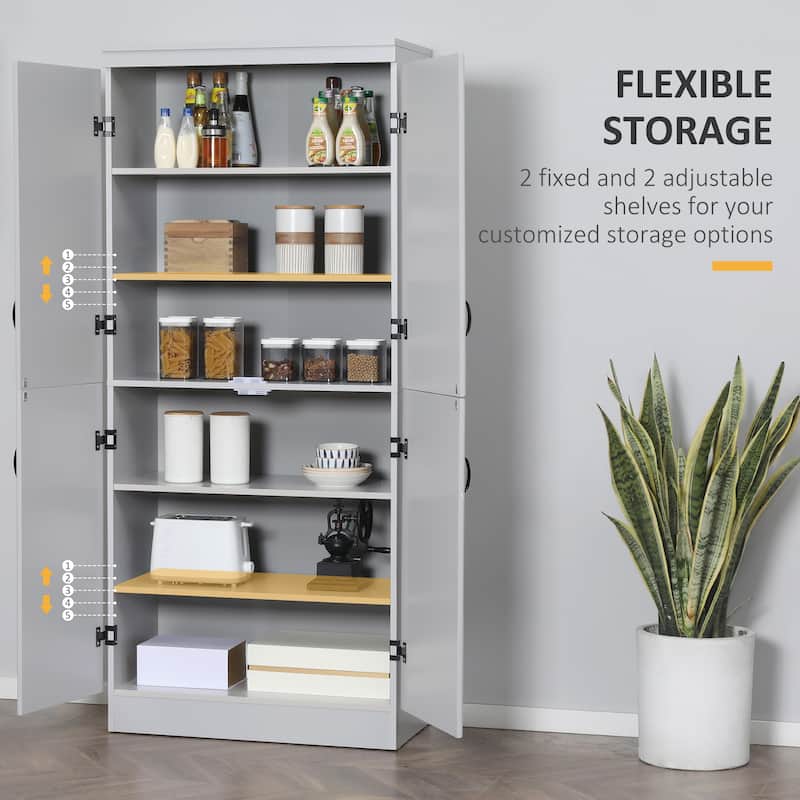 70" Kitchen Pantry, Tall Freestanding Storage Cabinet, 6-tier Shelving with 2 Adjustable Shelves and 4 Doors Gray
