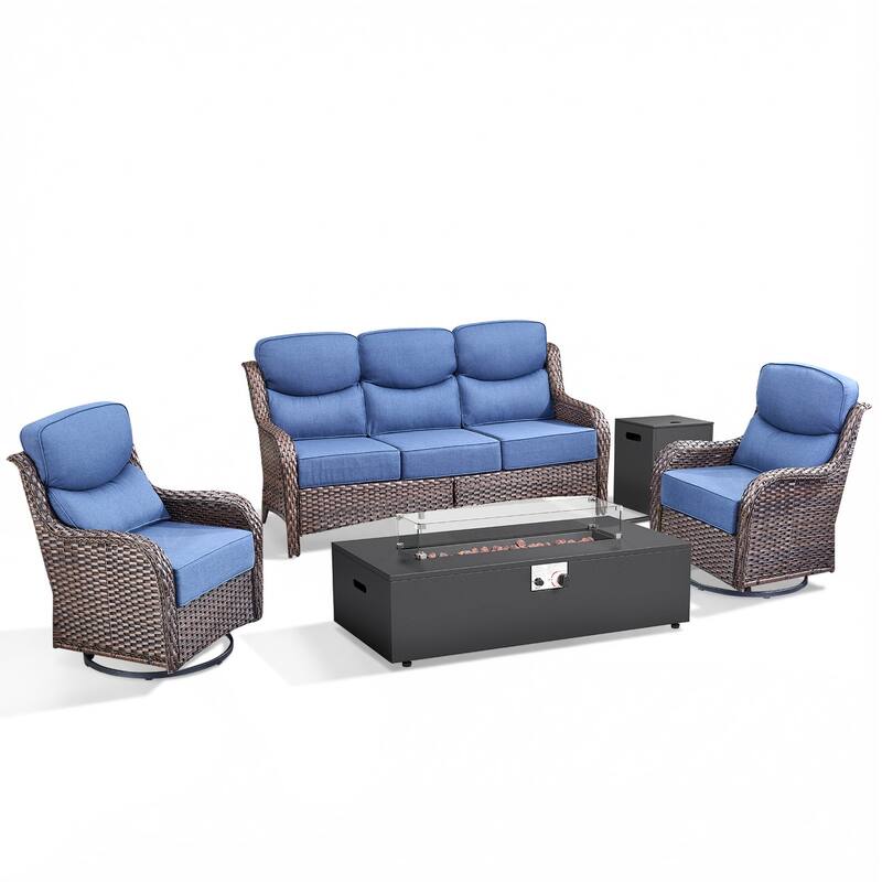 Pocassy 43" Fire Pit w/ Outdoor Sofa Swivel Chair Ottoman Set