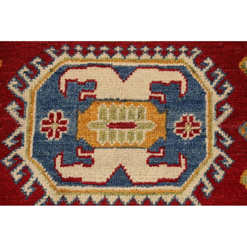 Geometric Kazak Foyer Rug Handmade Red Wool Carpet - 2'7" x 4'3"