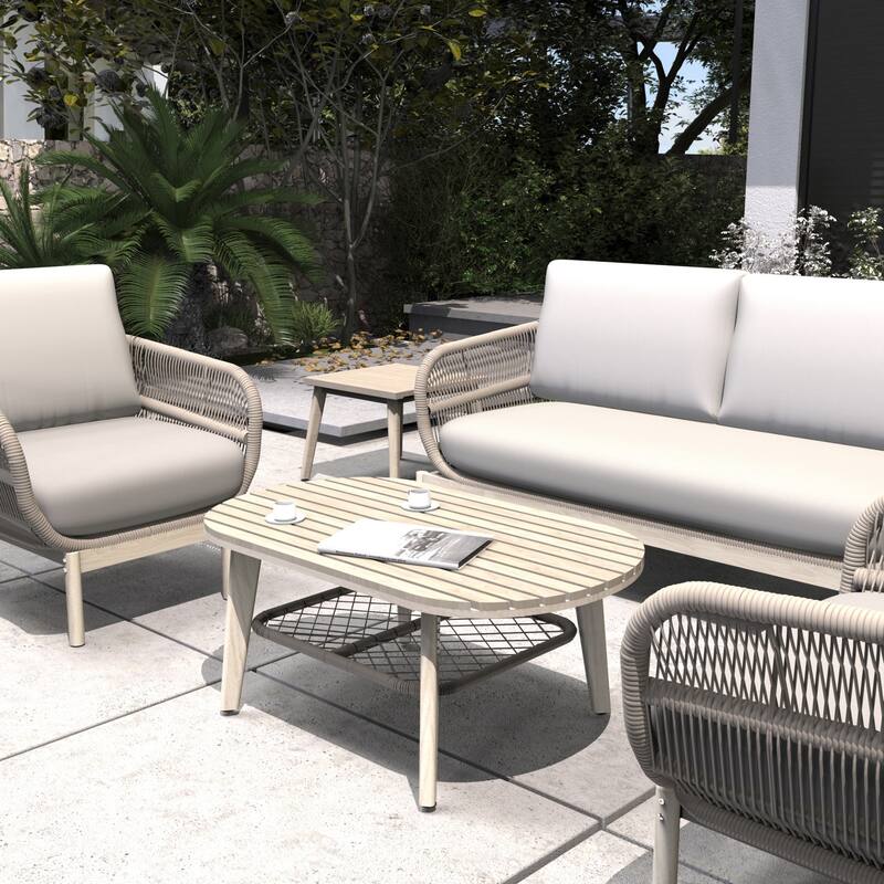 5-Piece Outdoor Acacia Wood Conversation Set with Oval Coffee Table