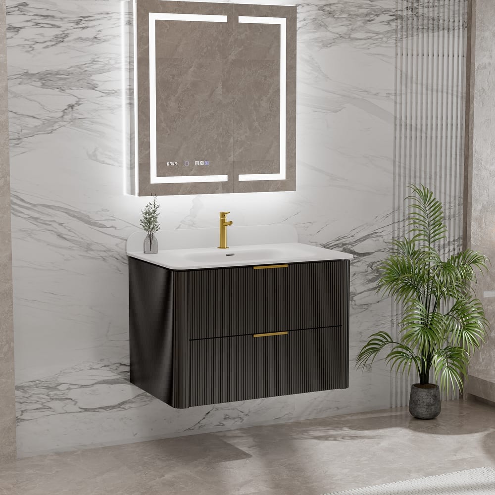 Modland Fluted Floating Vanity with Sink, Plywood Wall Mount Cabinet, Curved Edge, 24/30/36 Inch