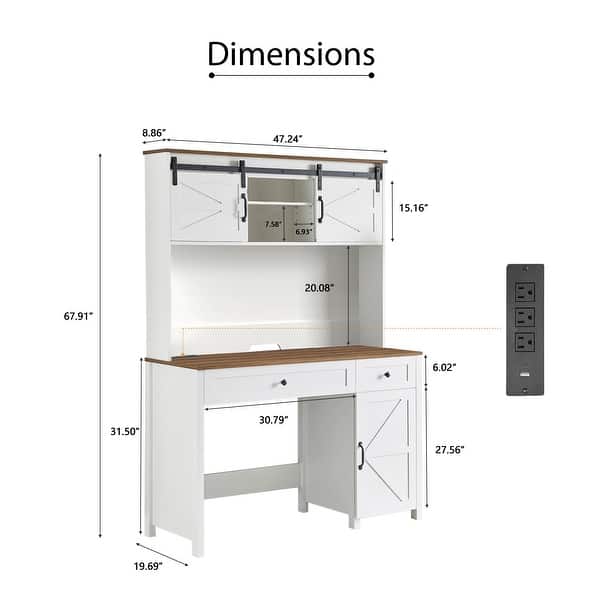 Wood Home Office Desk with File Drawer, Charging Station, and Hutch, 47" Farmhouse Executive Desk