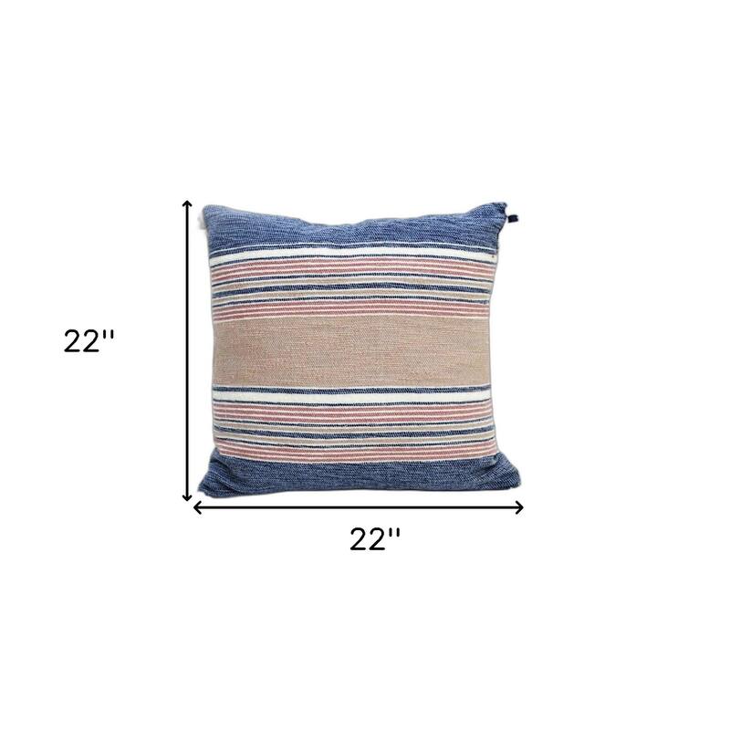22" X 22" Blue And Tan Striped Handmade Throw Pillow With Tassels