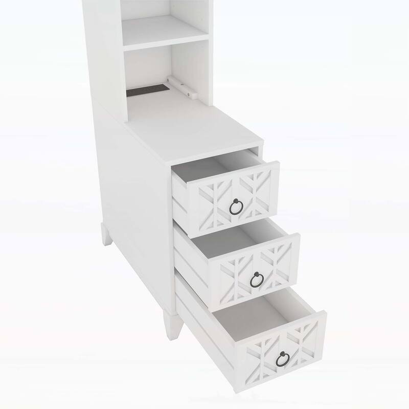 Tall Side Table with 3 Drawers,2 Open Shelves,and Charging Station,for Modern Bedrooms and Corners