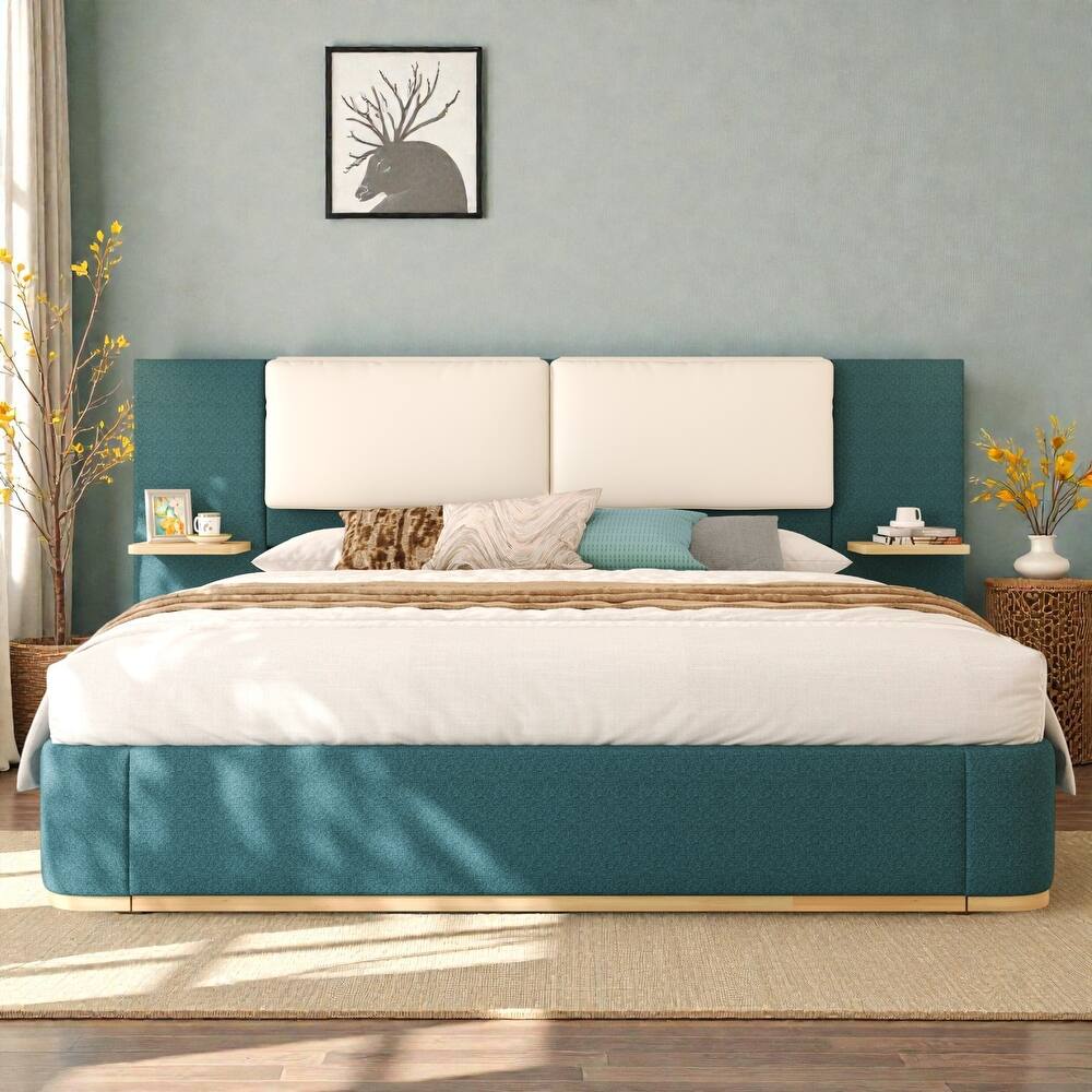 Upholstered Platform Bed Frame with Side Storage Panels, Soft Rounded Corners, Cushioned Headboard & No Box Spring Needed