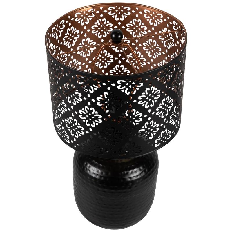 Round Iron Table Lamp with Laser-Cut Floral Shade - 19" - Black and Copper - 19