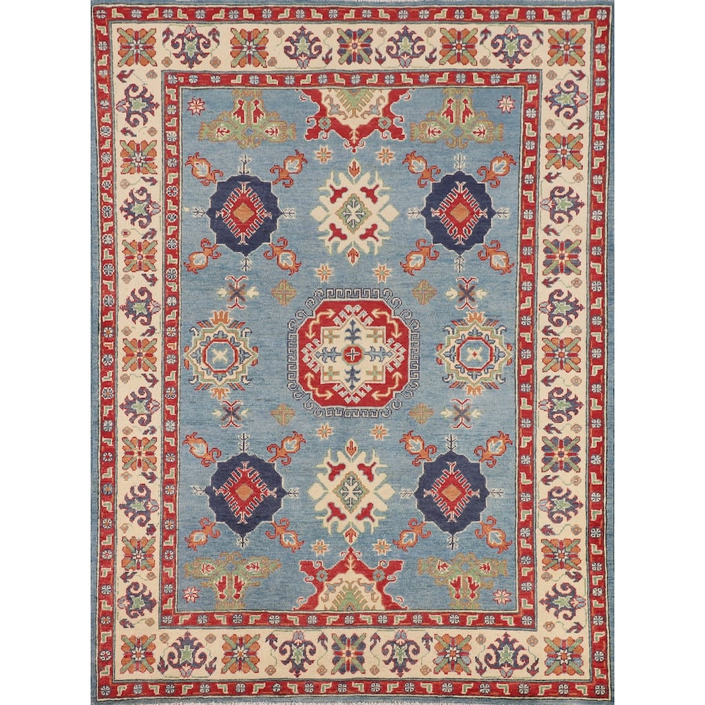 Traditional Kazak Oriental Area Rug Handmade Blue Wool Carpet - 4'11" x 6'9"