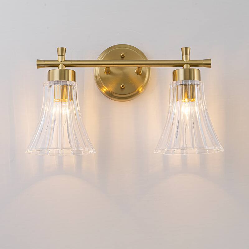 Gold Metal Wall Sconce Ribbed Trumpet Glass Shade for Bathroom Vanity