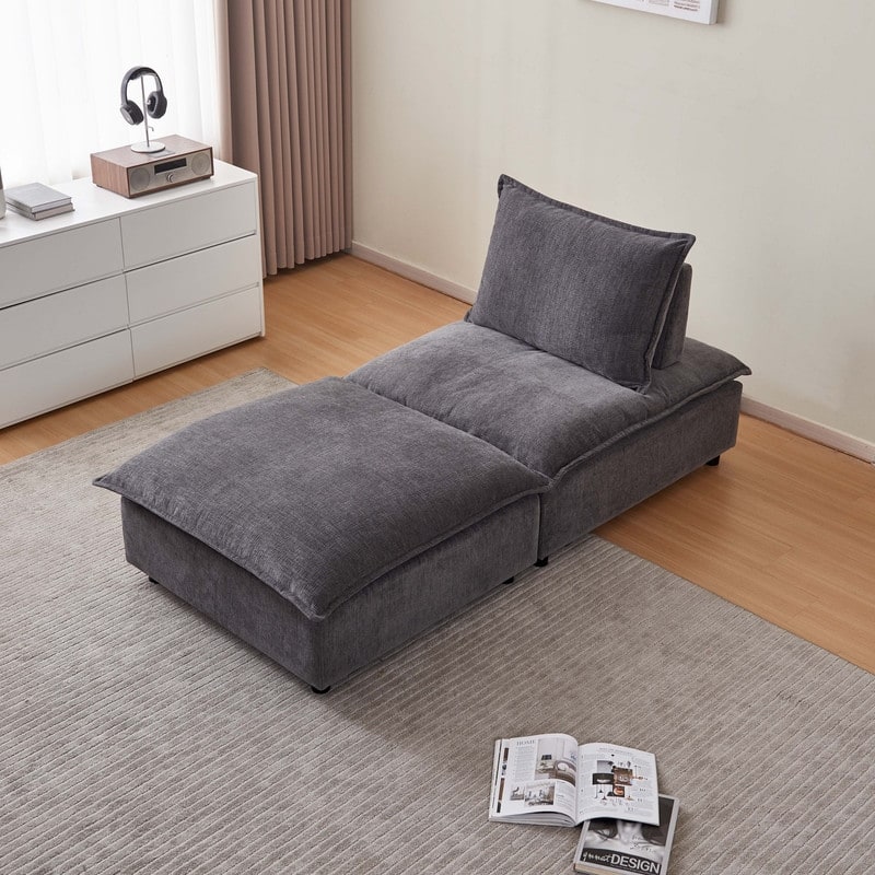 Armless Super Soft Chenille Modular Sofa Design, Single Seater + Ottoman