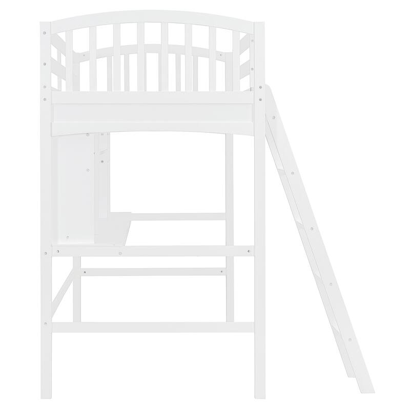 Twin size Loft Bed with Storage Shelves, Desk and Ladder, White
