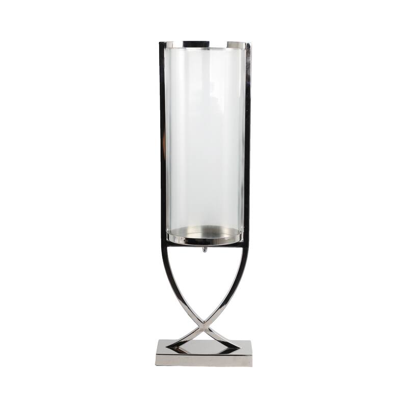 Modern Glass Pillar Candle Holder Decorative Lantern with Steel Frame