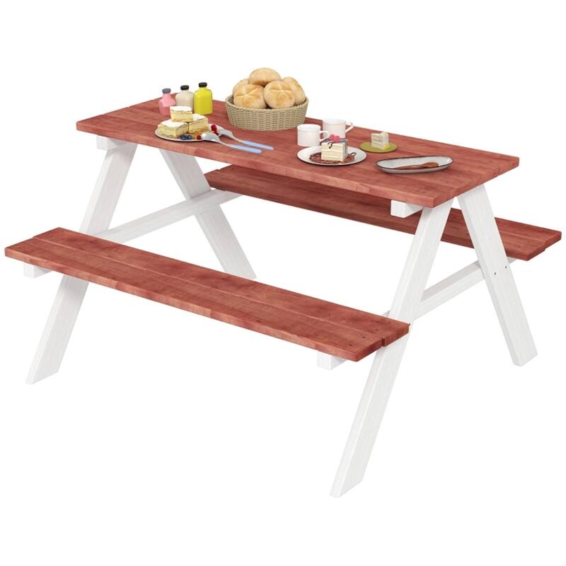 Kids Picnic Table and Bench Set Fir Wood Pecan White Toddler Play Activity Table for 3-8 Years - 35" L x 31" W x 19.75" H - Brown