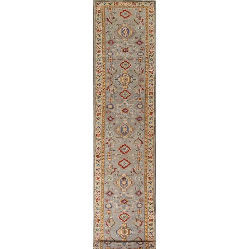 Geometric Kazak Runner Rug Handmade Grey Wool Carpet - 2'8" x 16'3"