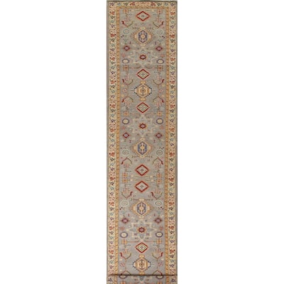 Geometric Kazak Runner Rug Handmade Grey Wool Carpet - 2'8" x 16'3"