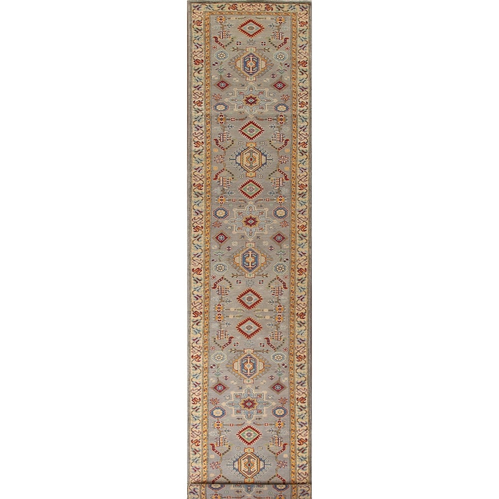 Geometric Kazak Runner Rug Handmade Grey Wool Carpet - 2'8" x 16'3"