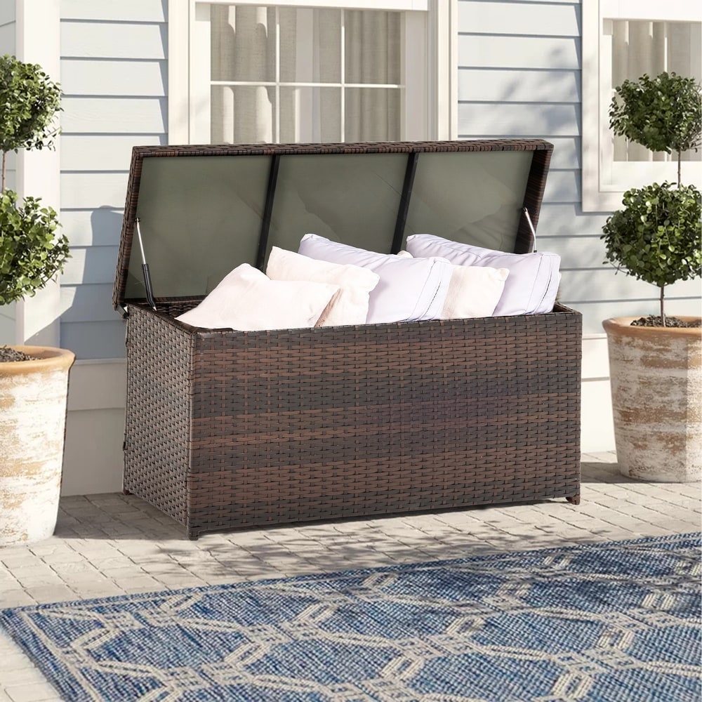 Outdoor Storage Box, 113 Gallon Wicker Patio Deck Boxes with Hinged Lid,  Outdoor Cushion Storage Container Bin Chest for Kids Toys, Pillows, Towel 