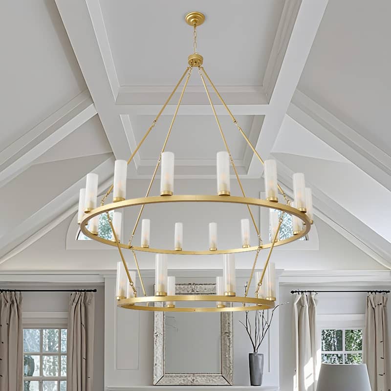 24 - Light 2 - Tier Gold Wagon Wheel Chandelier, 48.6" Wide, Frosted Glass Shades - Brushed Brass - Brushed Brass