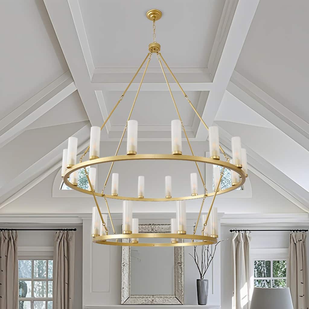 24 - Light 2 - Tier Gold Wagon Wheel Chandelier, 48.6" Wide, Frosted Glass Shades - Brushed Brass