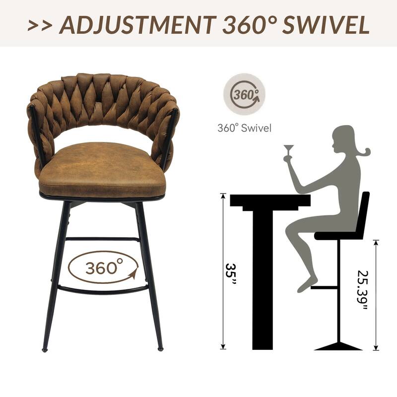 Swivel Bar Stool Set of 2, Kitchen Island Chairs, Woven Counter Height Kitchen Stools Arm Chairs with Back Footrest