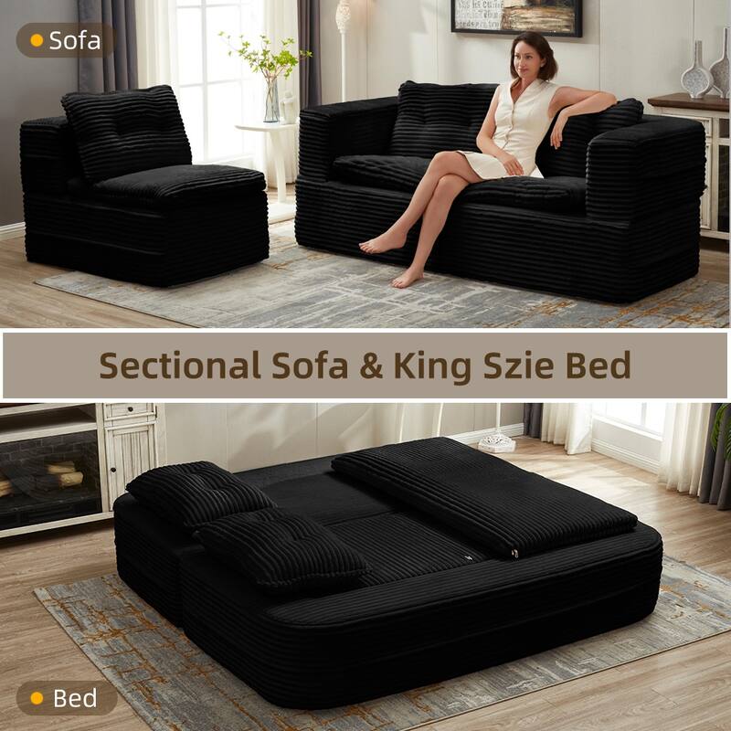 Convertible Floor Sofa Bed with Chaise Lounge, Corduroy 3-in-1 Sofa, Sofa to Bed with Dual-Purpose Blanket, No Assembly Required